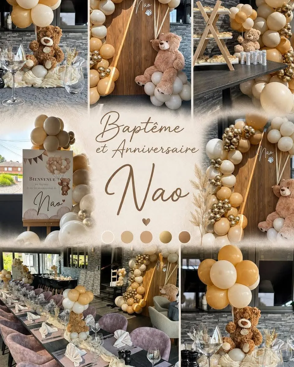 Image d'inspiration : arche de ballons crème et dorés, oursons en peluche et tables dressées pour un baptême